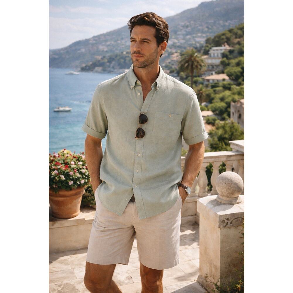 Vintage Carven Paris Linen Blend Luxury Button Up Shirt Sz L CABANA EUC resort
